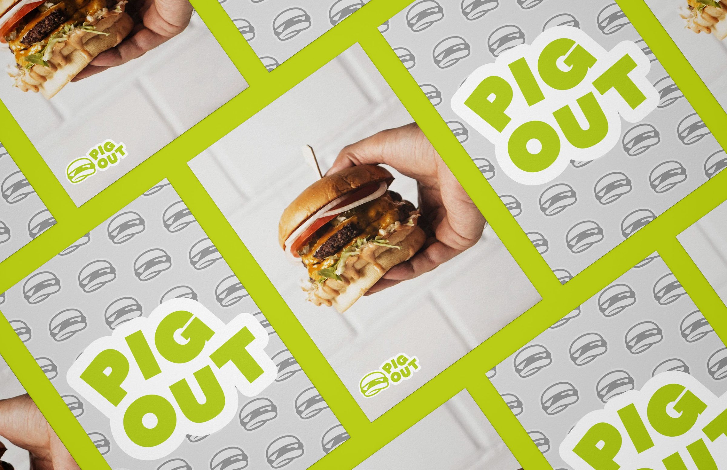 Pig Out posters with burger photography