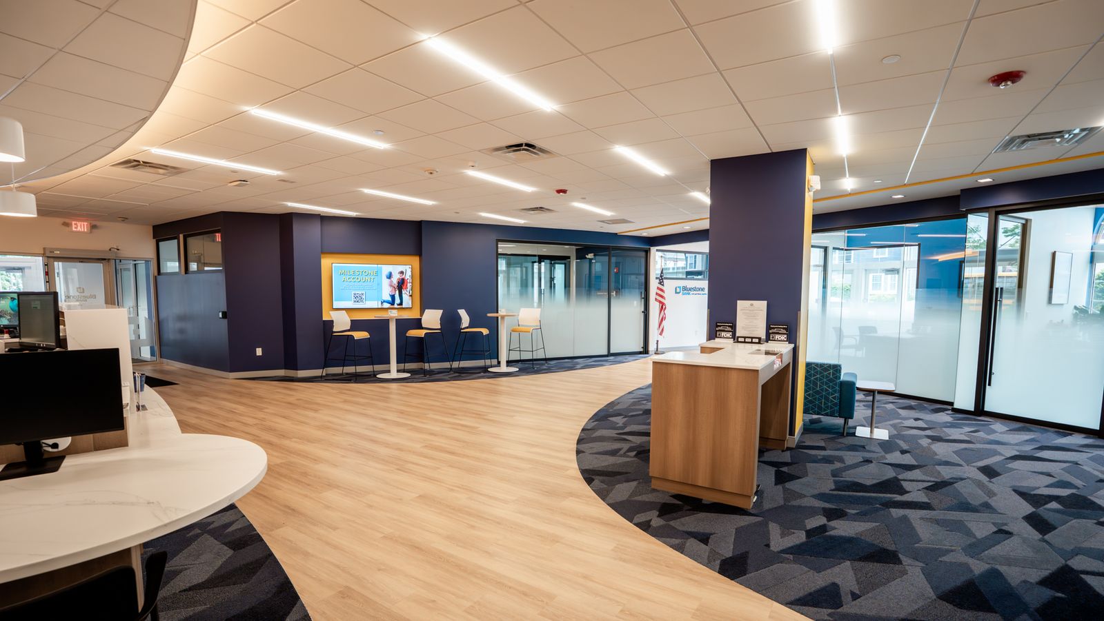 Bluestone Bank open lobby with branded columns