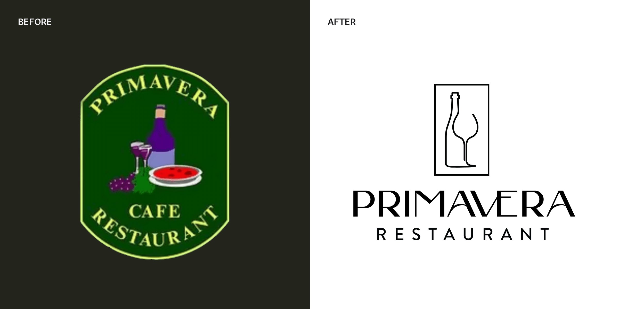 Primavera logo before and after: old green oval badge next to the new wine bottle and glass mark