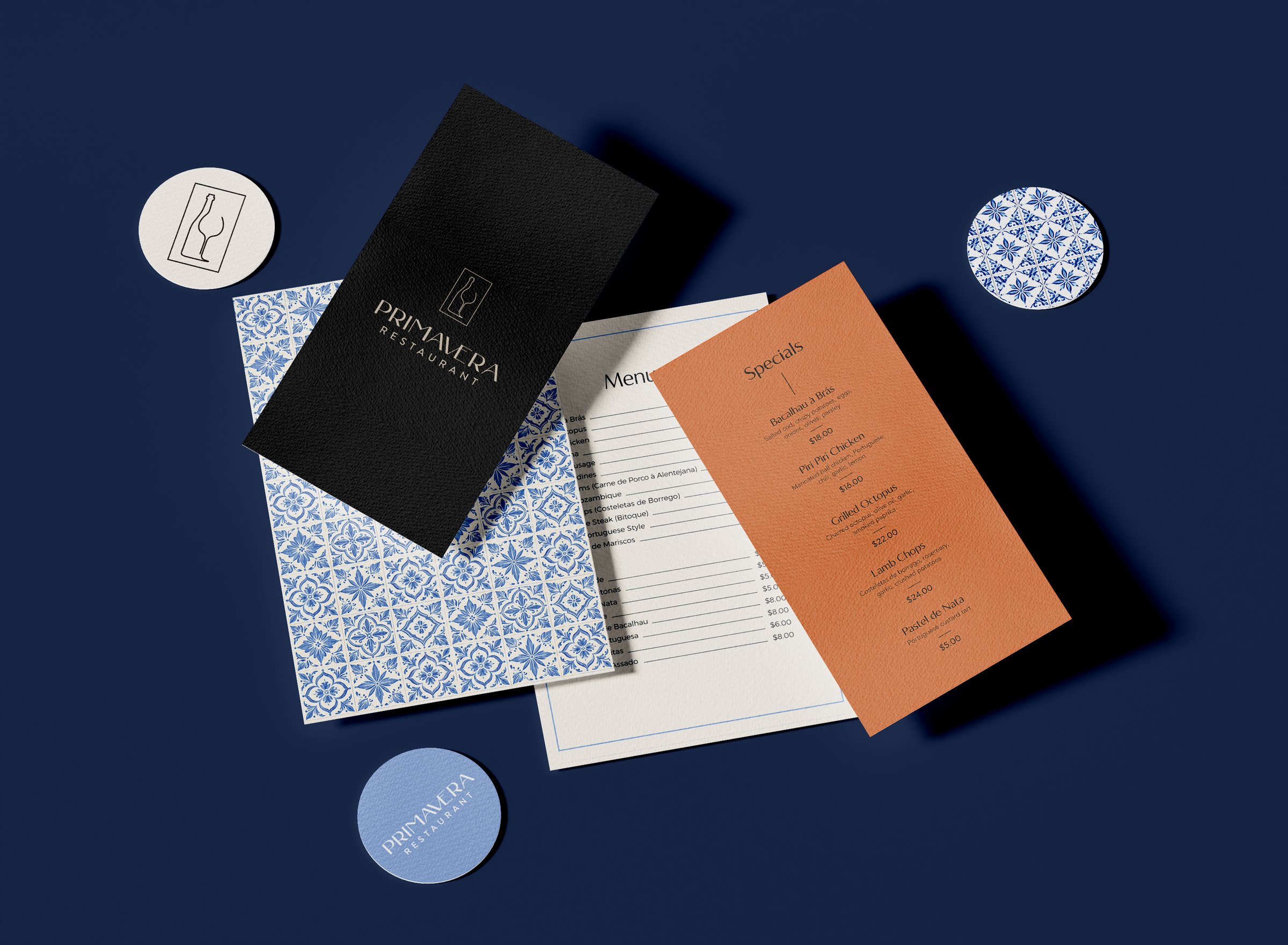 Primavera menus, specials card, azulejo tile pattern and coasters