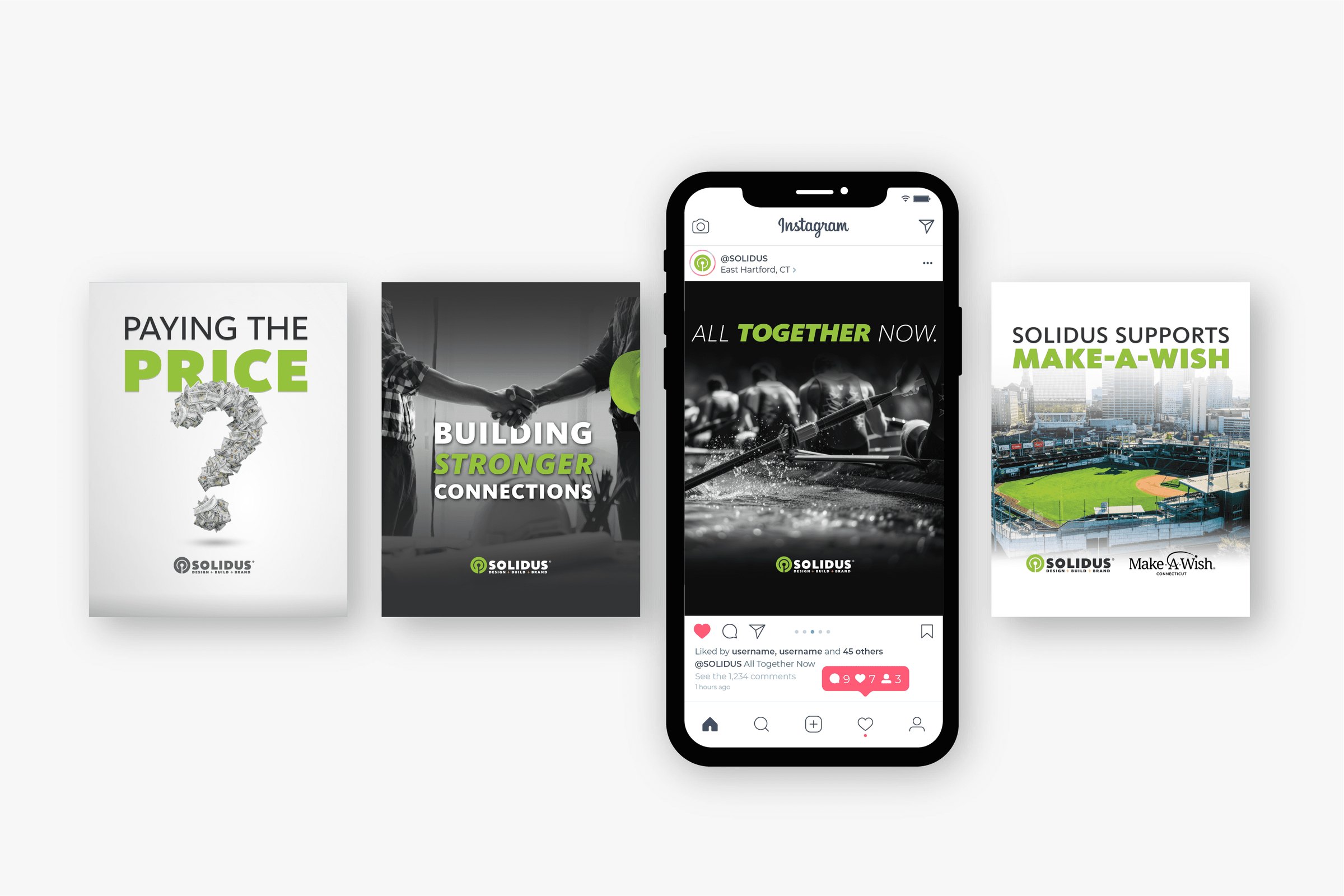 Solidus social and print campaign pieces, including All Together Now on Instagram