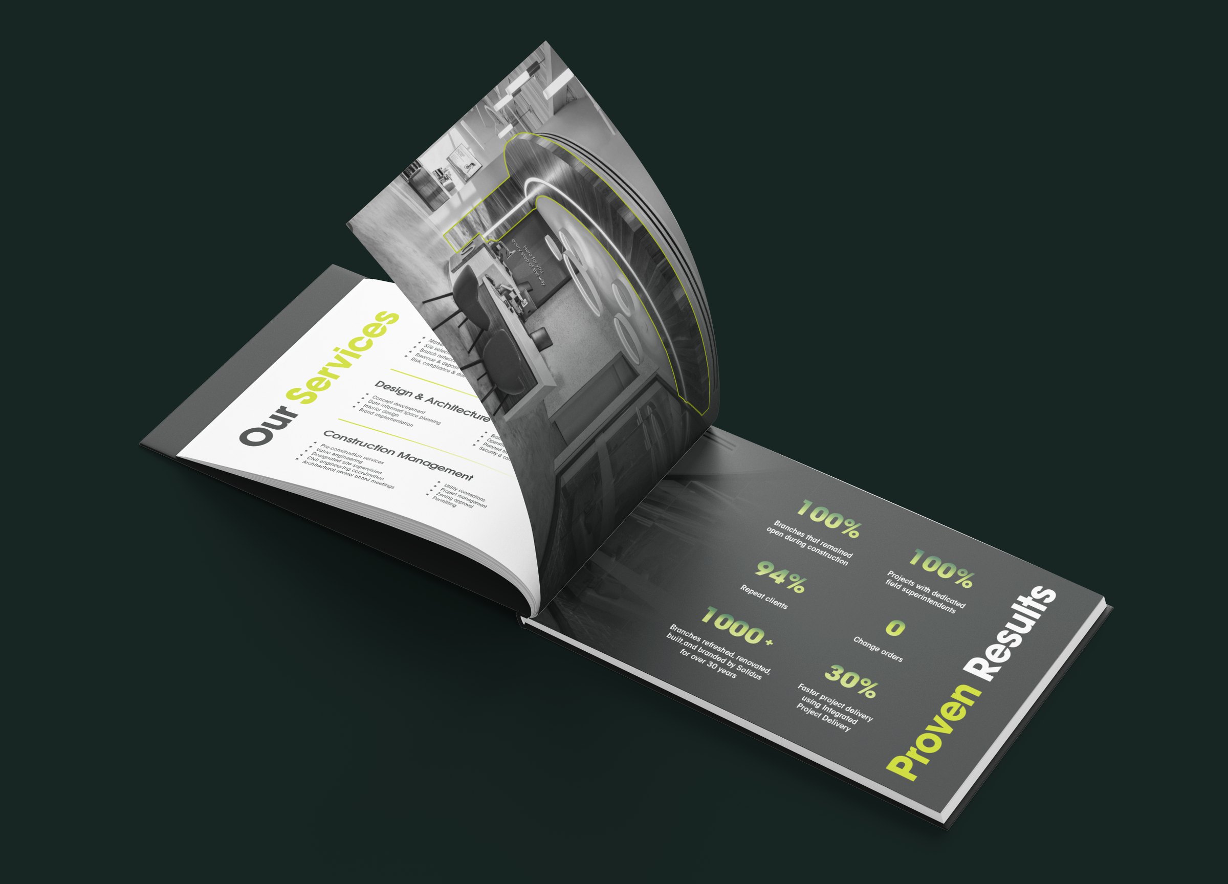 Solidus capabilities book open to the Our Services and Proven Results pages