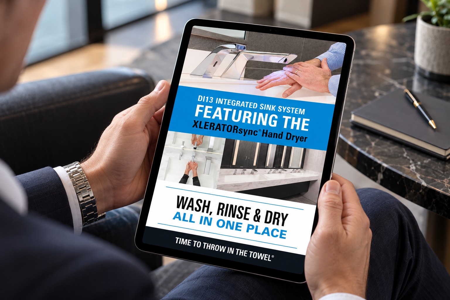 D13 Integrated Sink System piece on a tablet, Wash, Rinse and Dry All in One Place