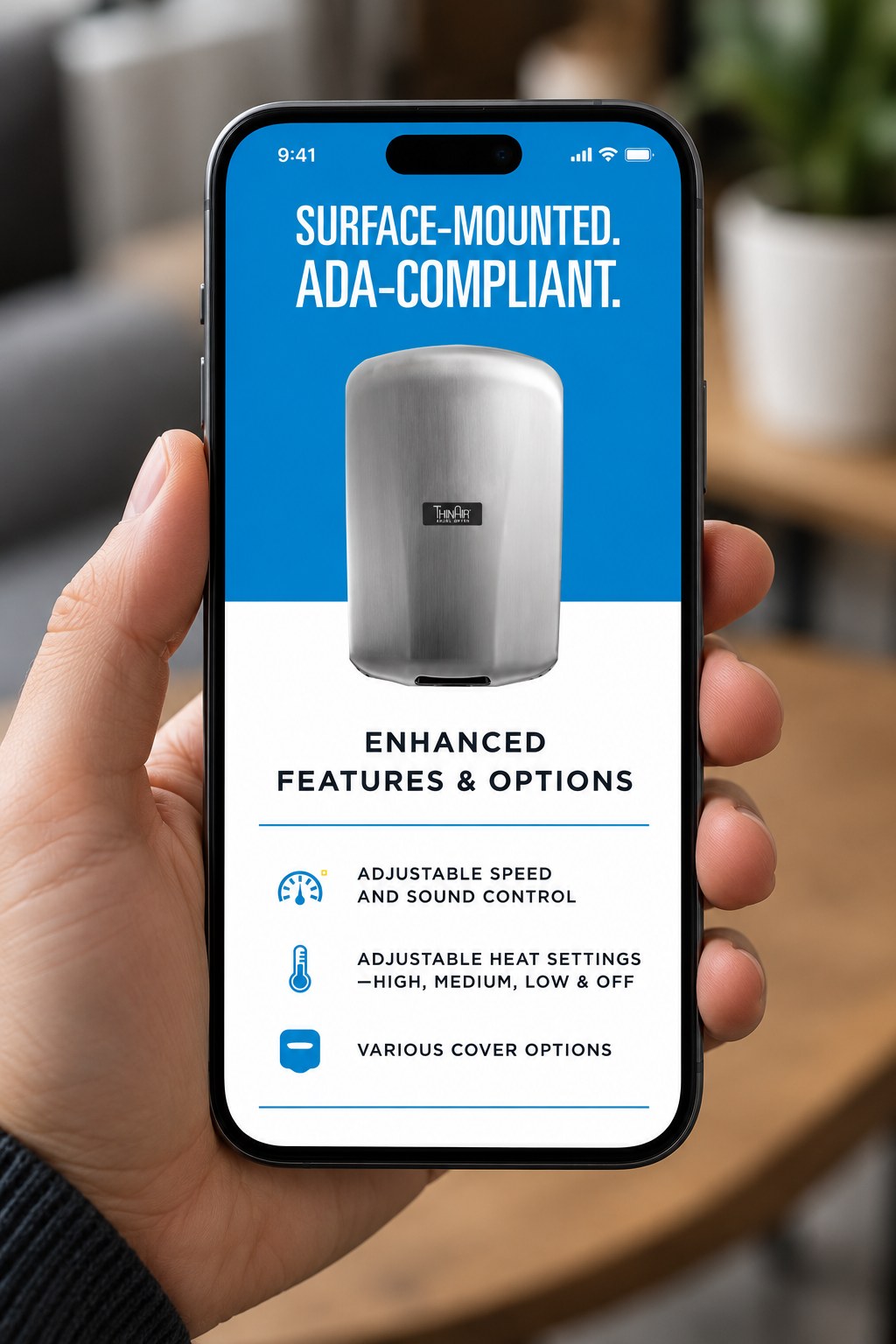 ThinAir surface-mounted ADA-compliant dryer piece on a phone