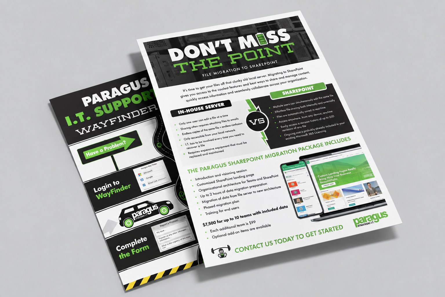 Paragus SharePoint migration flyer and I.T. support wayfinder printed mockup