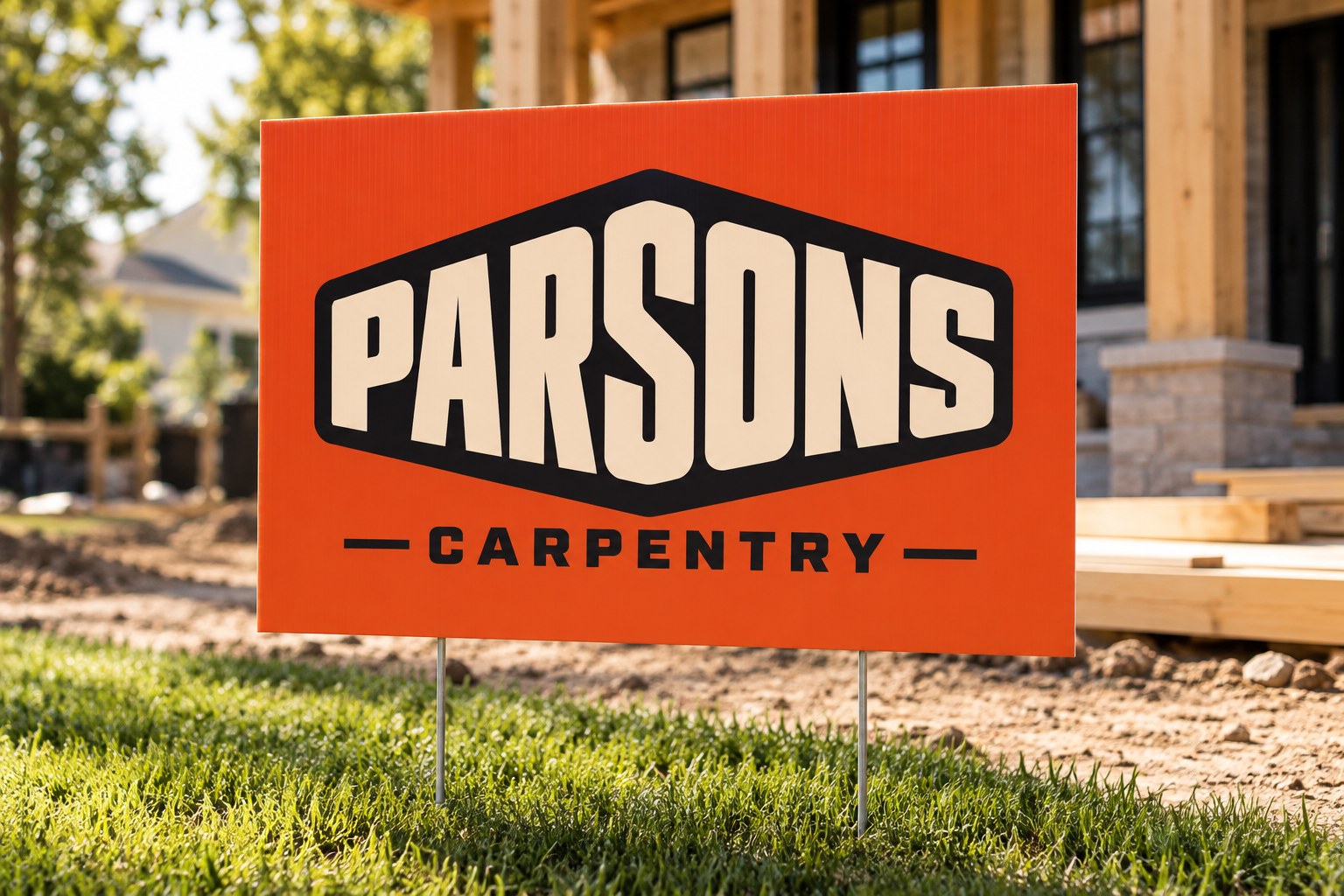 Orange Parsons Carpentry yard sign at a residential jobsite