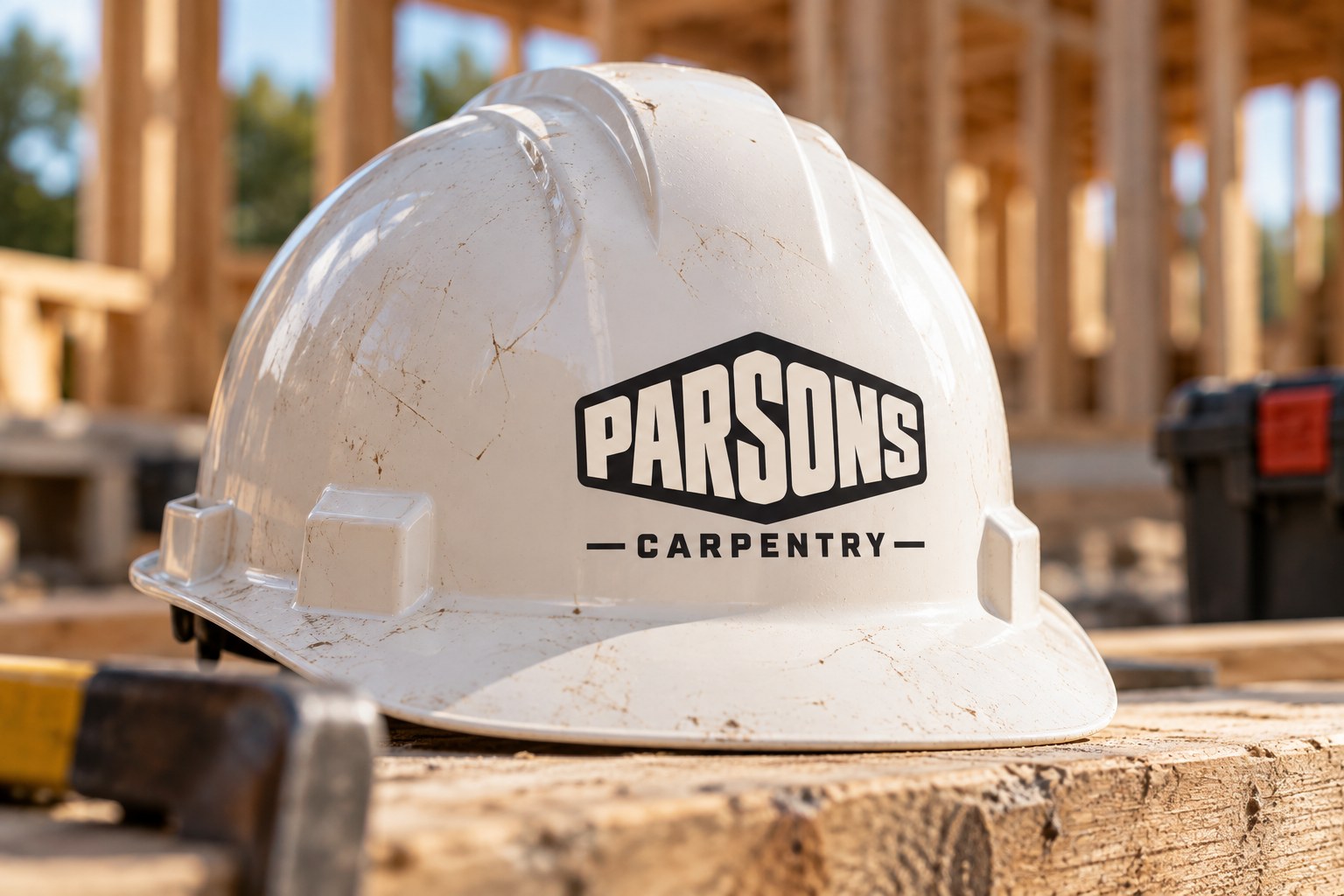 White hard hat with the Parsons Carpentry logo at a framing site