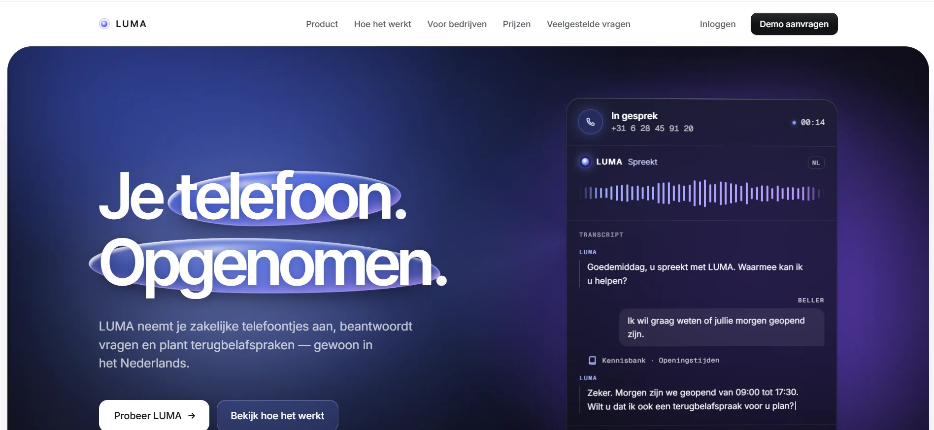 Screenshot van de homepage van LUMA