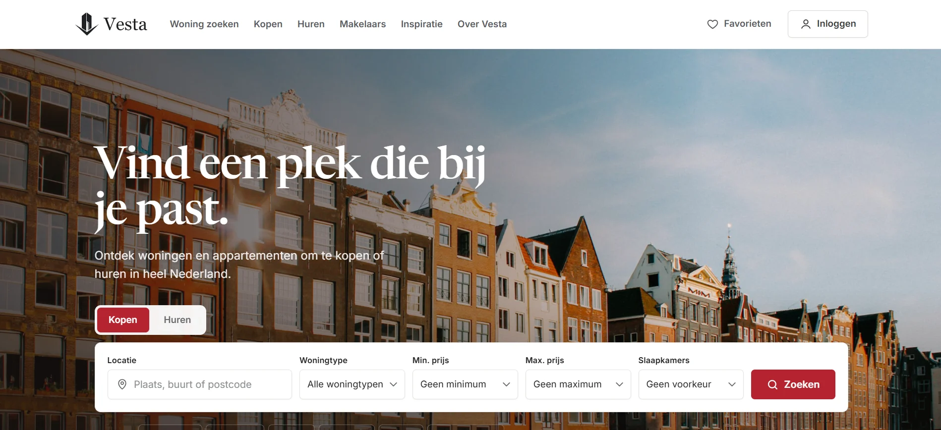 Screenshot van de homepage van Vesta