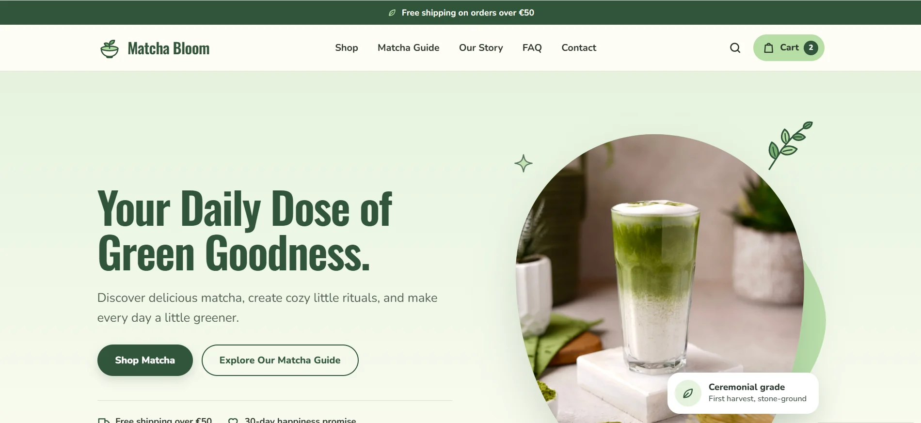 Screenshot van de homepage van Matcha Bloom