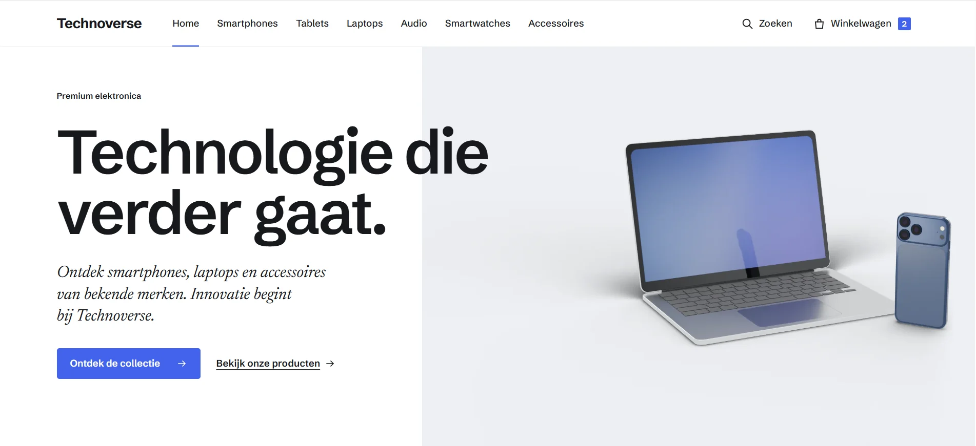 Screenshot van de homepage van Technoverse
