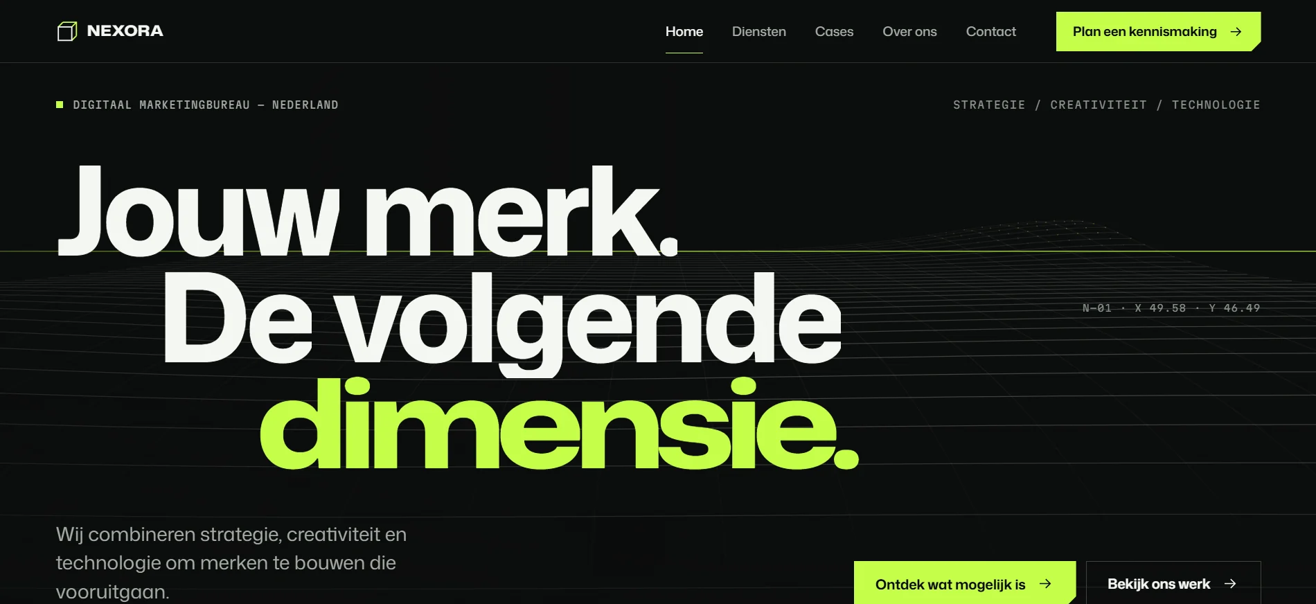Screenshot van de homepage van Nexora