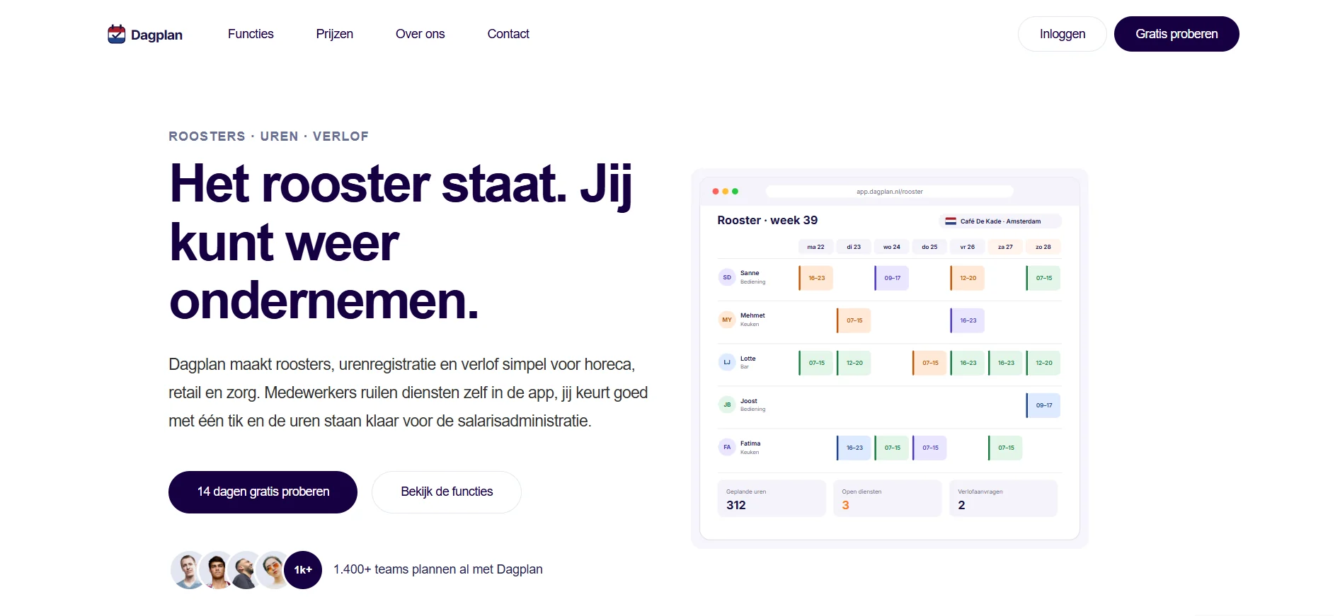 Screenshot van de homepage van Dagplan