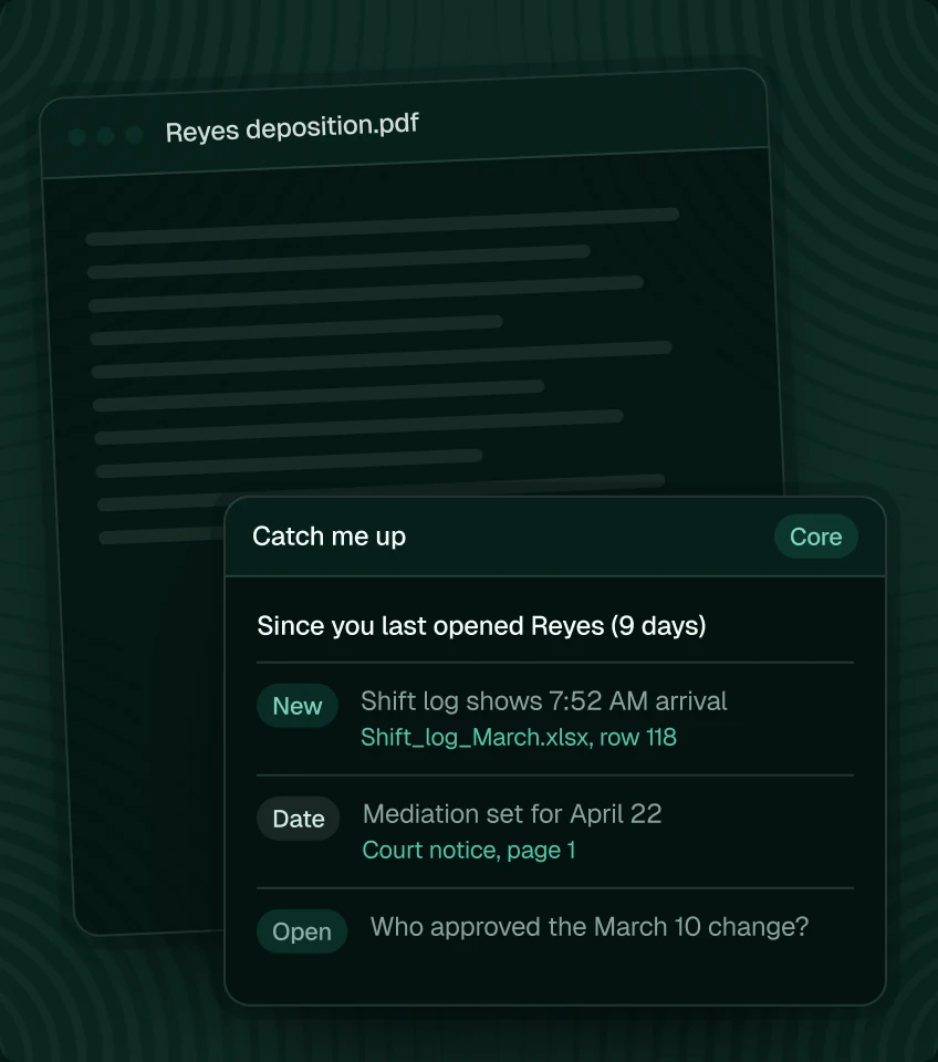 A deposition PDF with a Core 'Catch me up' panel listing what changed in the Reyes matter