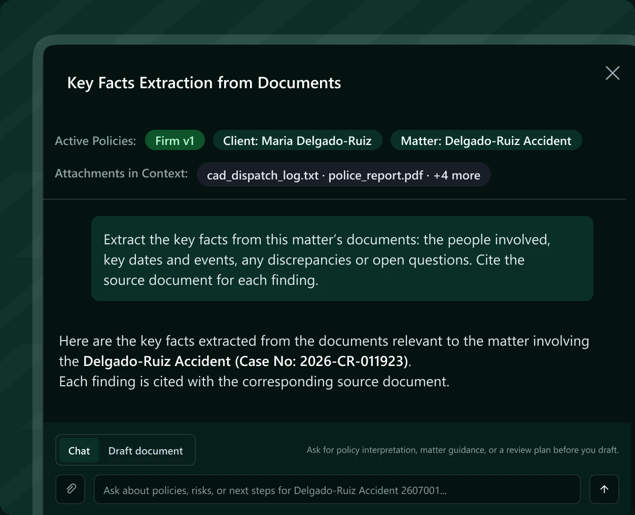 Core extracting key facts from the Delgado-Ruiz matter documents, each with a cited source