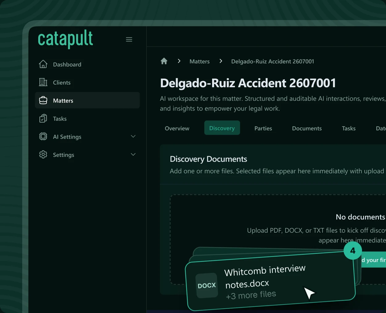 Core matter workspace with case documents being uploaded to the Delgado-Ruiz matter