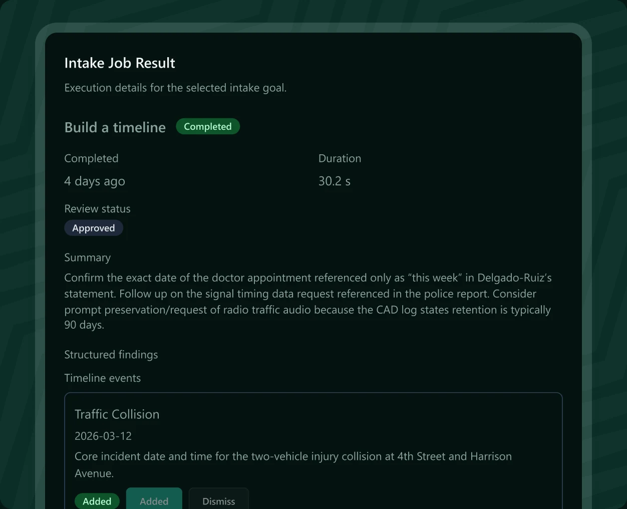 Intake job result with a timeline awaiting review and approval