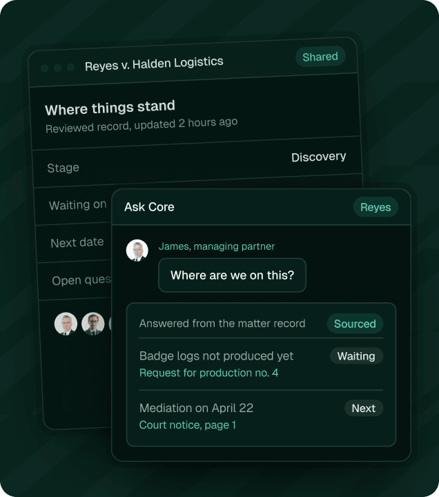 An inbox of status questions next to a shared Reyes matter status card