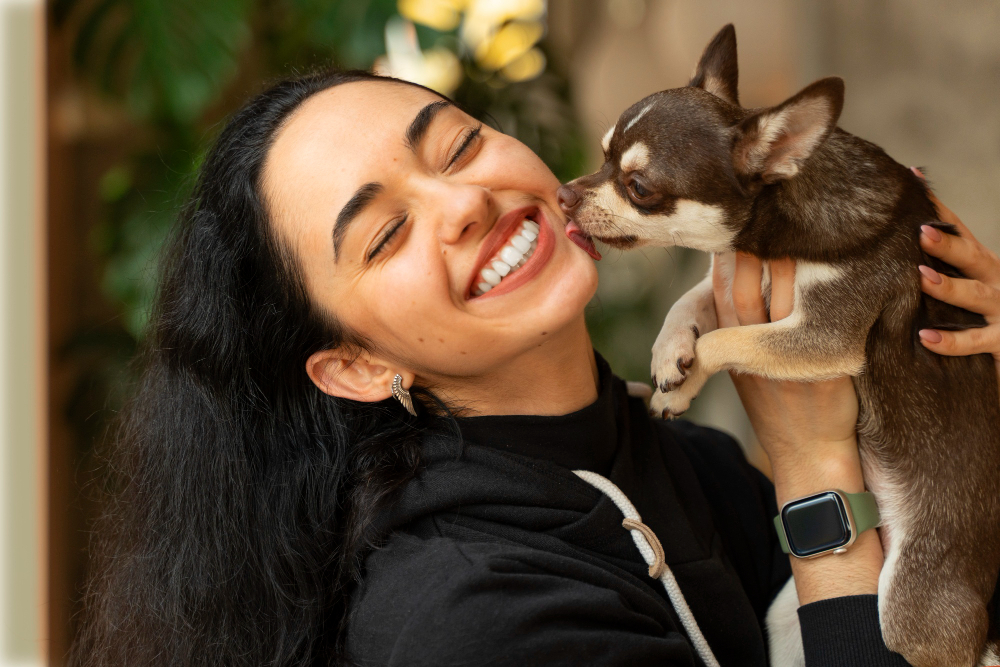 Smiling woman holding her chihuahua close