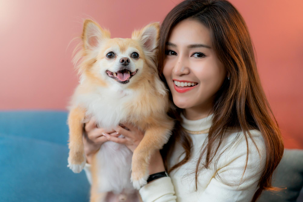 Happy woman hugging her fluffy Pomeranian