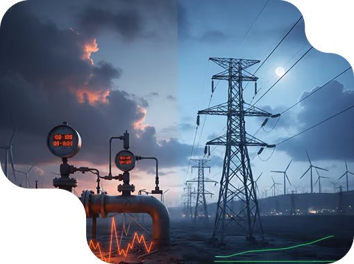Industrial landscape at dusk with large metal pipelines and pressure gauges glowing red, tall electrical transmission towers with power lines, and wind turbines in the background under a cloudy sky with moonlight.