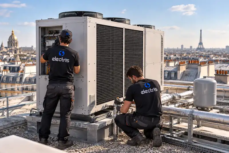 Deux techniciens ELECTRIS raccordent une pompe à chaleur de forte puissance installée en toiture d'un immeuble parisien