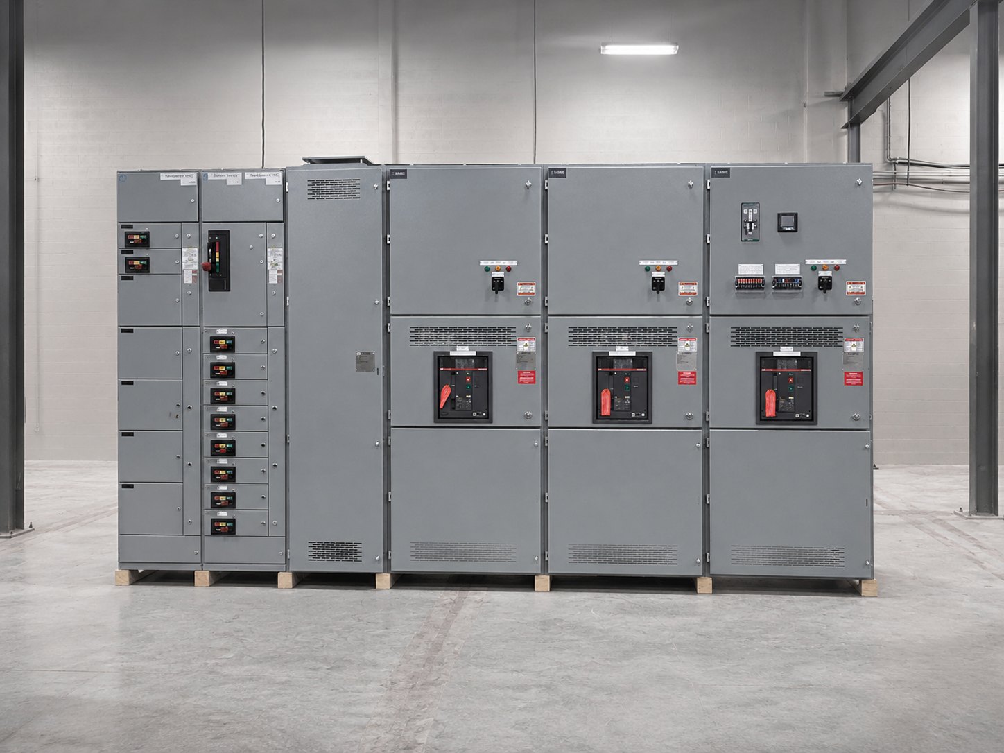 Low-voltage switchgear lineup with MCC sections on the shop floor