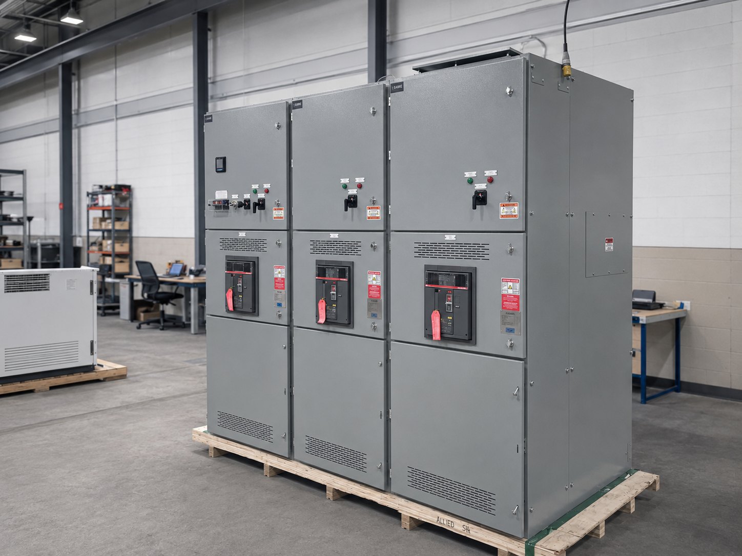 Low-voltage switchgear lineup with breaker doors closed