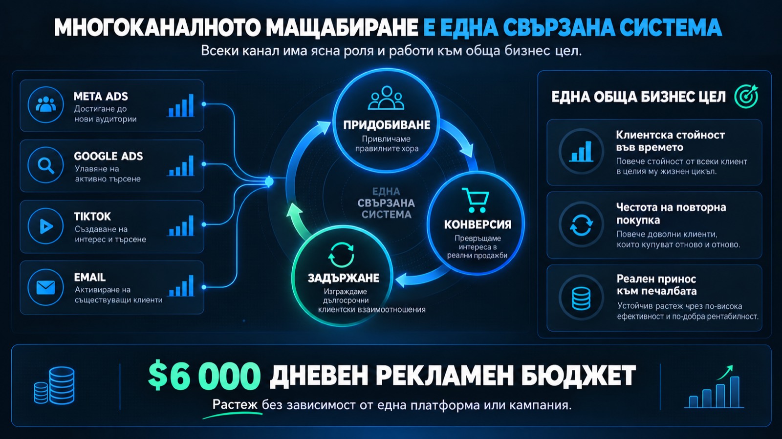 Схема на многоканалното мащабиране с $6 000 дневен рекламен бюджет