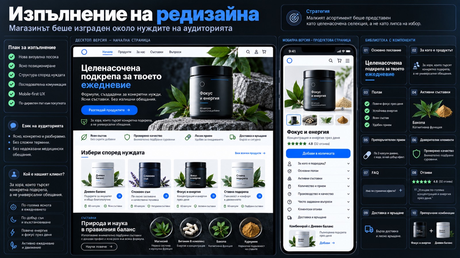 Изпълнение на редизайна: новата начална и продуктова страница на десктоп и мобилно
