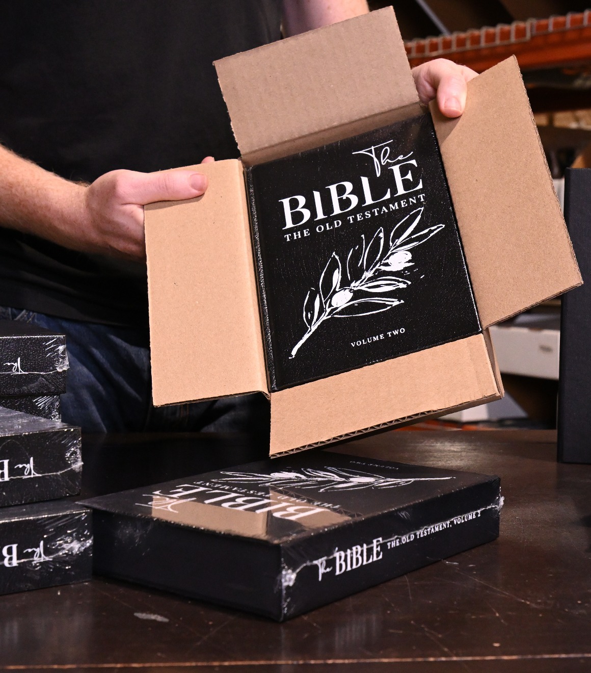 Monochrome books being packed