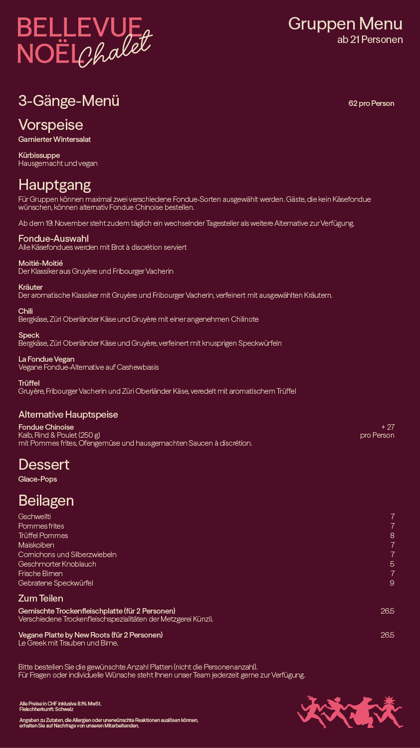 Gruppenmenü Fondue Chalet Bellevue Noël