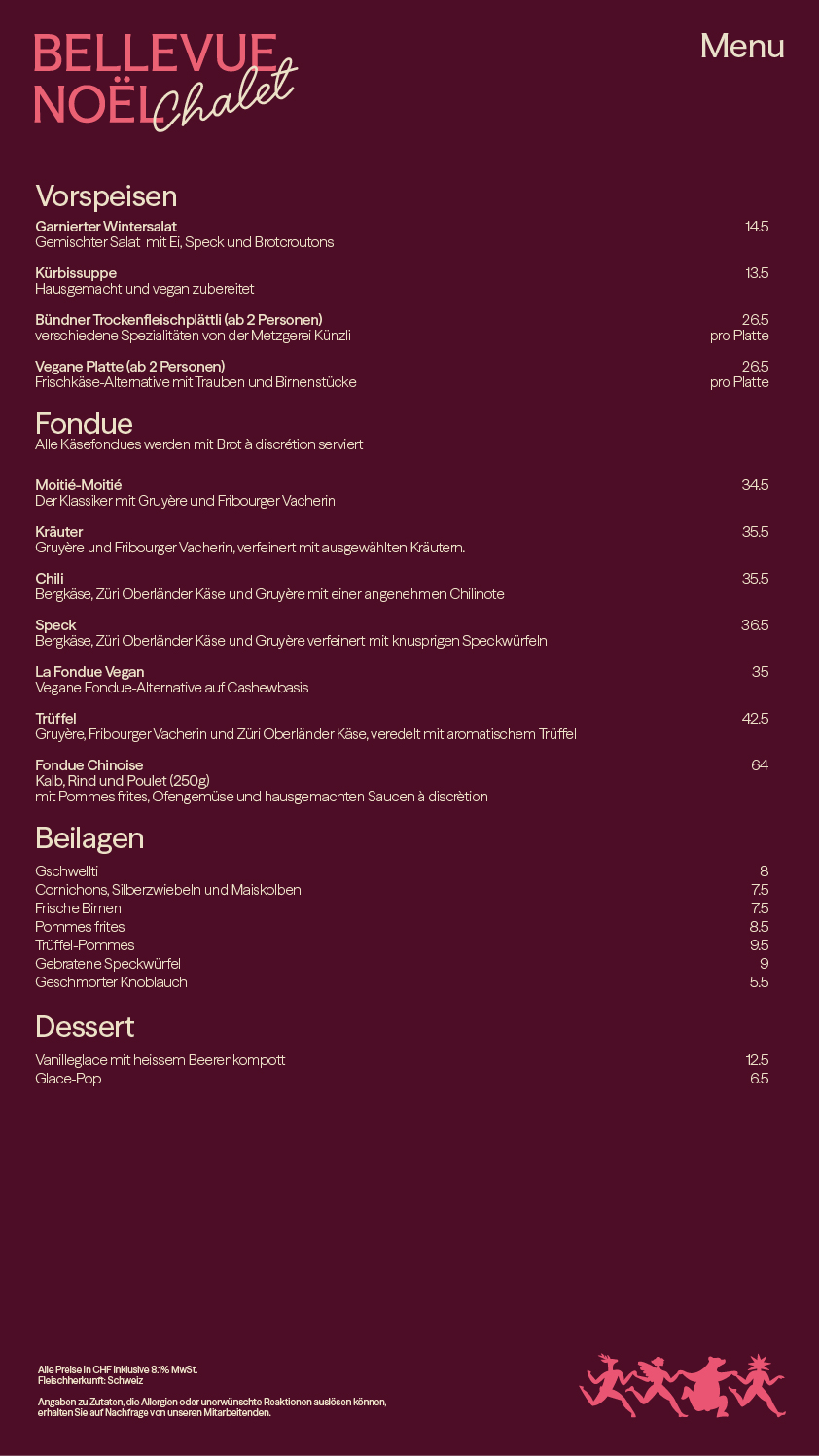 Menükarte Fondue Chalet Bellevue Noël