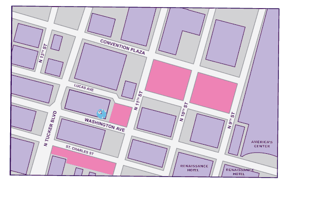 Map of parking near Flamingo Bowl: the small lot attached to the building on Washington Avenue and the larger St. Louis Parking lot on 11th Street
