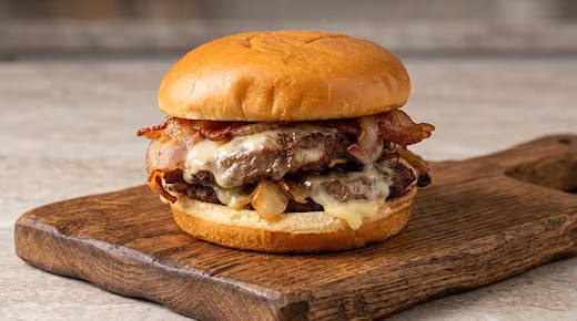 Cheeseburger with melted cheese, crispy bacon, and grilled onions inside a lightly toasted bun on a wooden cutting board.