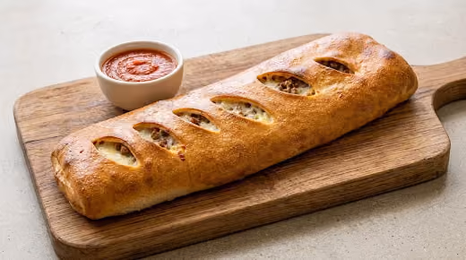 Golden-brown baked Stromboli with five slits revealing melted cheese and filling inside, served on a wooden cutting board with a small bowl of marinara sauce.