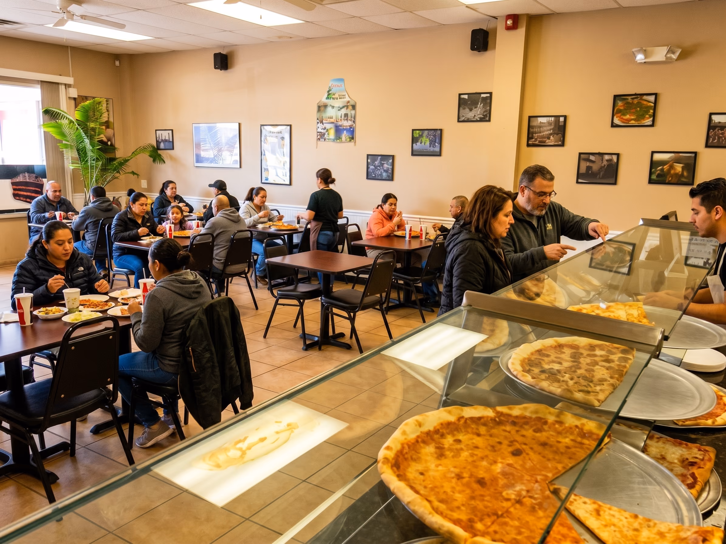 Interior of a casual pizzeria with customers seated at tables eating and a man and woman ordering pizza at a glass counter displaying various large pizzas.