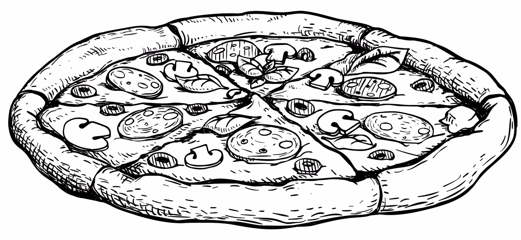 Black and white drawing of a pizza with a thick crust, sliced into six pieces topped with mushrooms, pepperoni, basil leaves, and olives.
