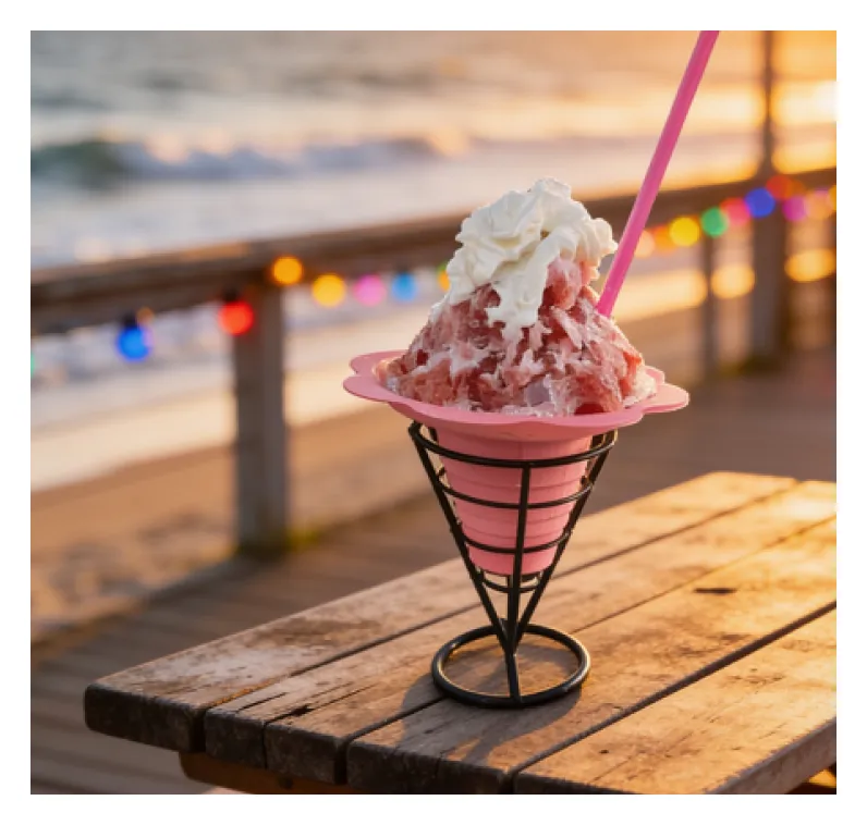 Strawberry shaved ice in a cone stand on a boardwalk table at sunset