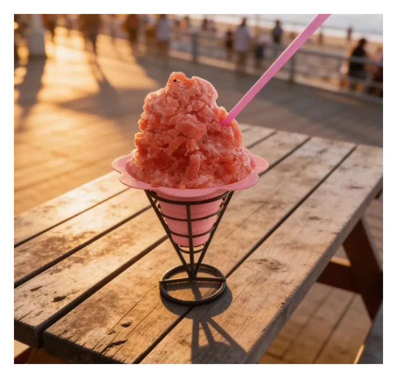 Strawberry shaved ice on a picnic table by the pier