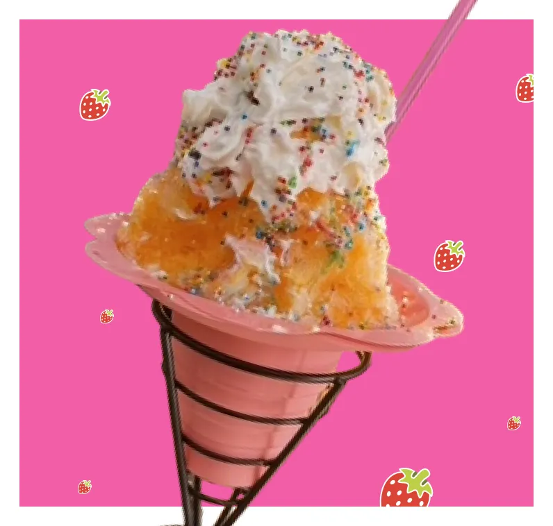 Shaved ice with whipped cream and sprinkles on a pink background