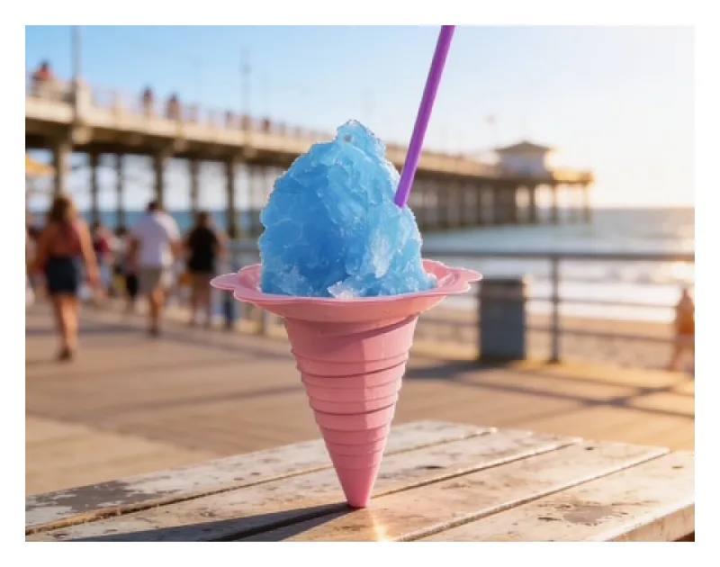 Blue raspberry shaved ice in a pink cone by the pier