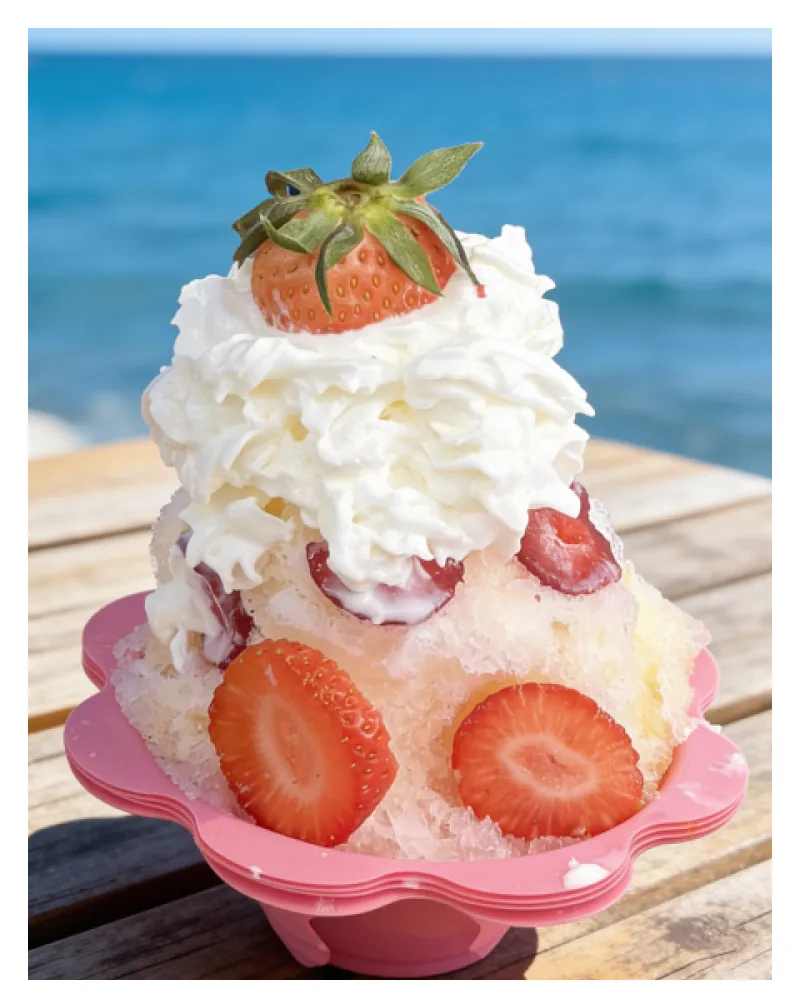 Strawberries and cream shaved ice by the sea