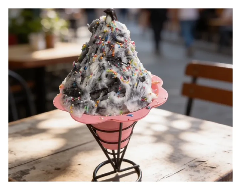 Cookies and cream shaved ice at an outdoor cafe