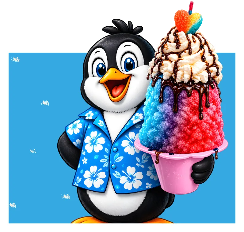 Penguin mascot in a Hawaiian shirt holding a rainbow shaved ice