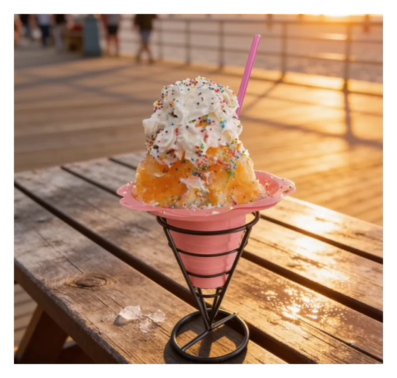 Shaved ice with whipped cream and sprinkles on a boardwalk table