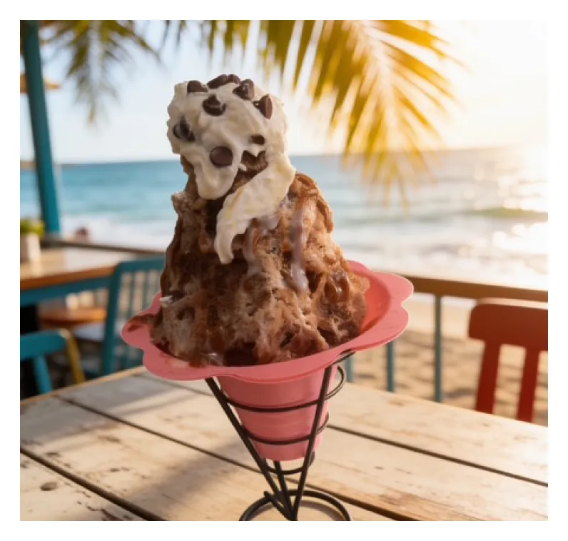 Chocolate chip shaved ice on a beach terrace