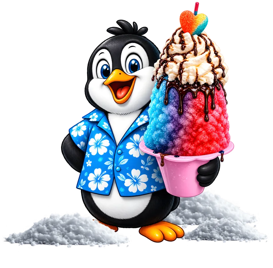 Penguin mascot holding a rainbow shaved ice on a pile of snow
