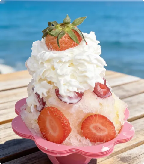 Strawberry shaved ice with whipped cream by the ocean