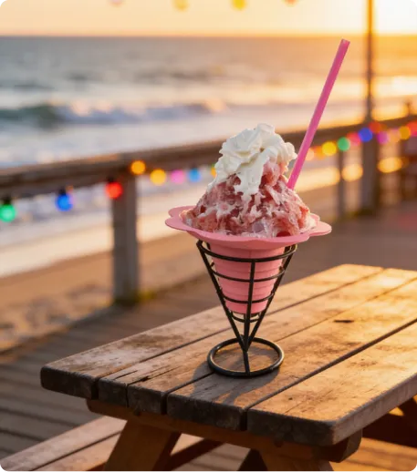 Pink shaved ice cone on a seaside table at sunset